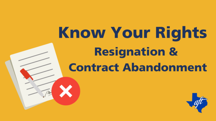 El texto dice, "Conoce tus derechos: Dimisión y abandono de contrato.""Know Your Rights: Resignation and Contract Abandonment."